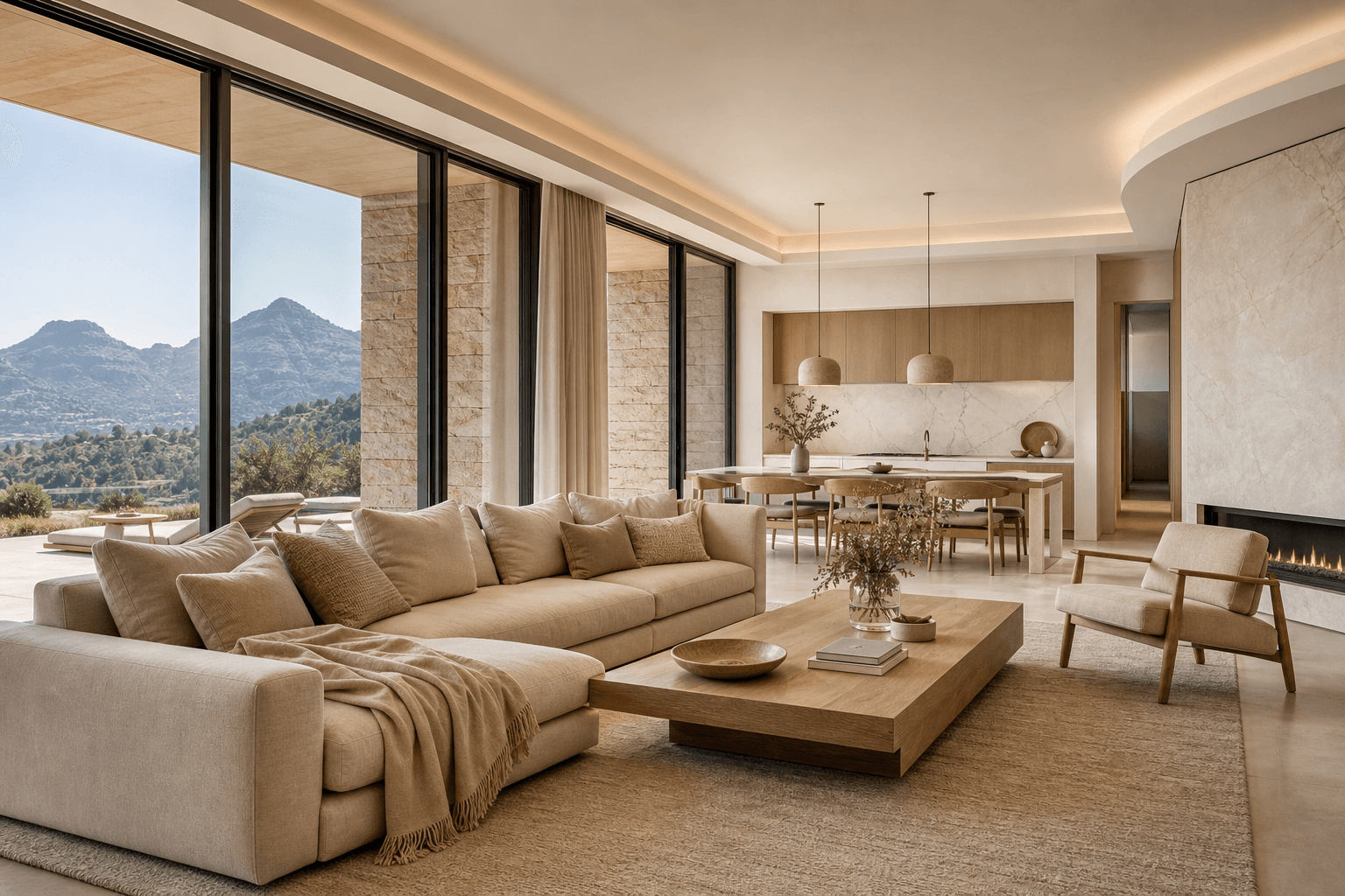 Luxury villa living room with mountain views