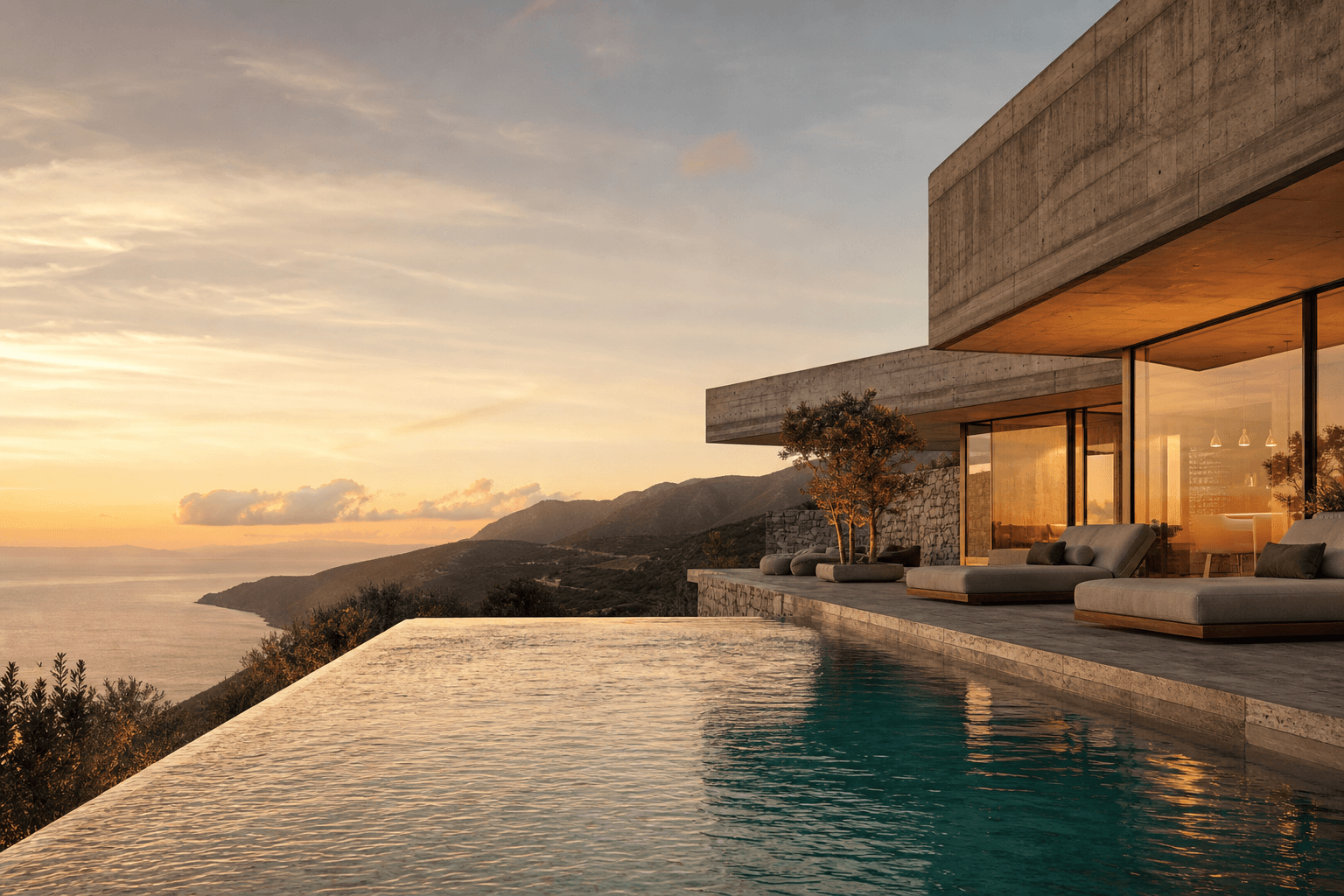Luxury villa with infinity pool at sunset