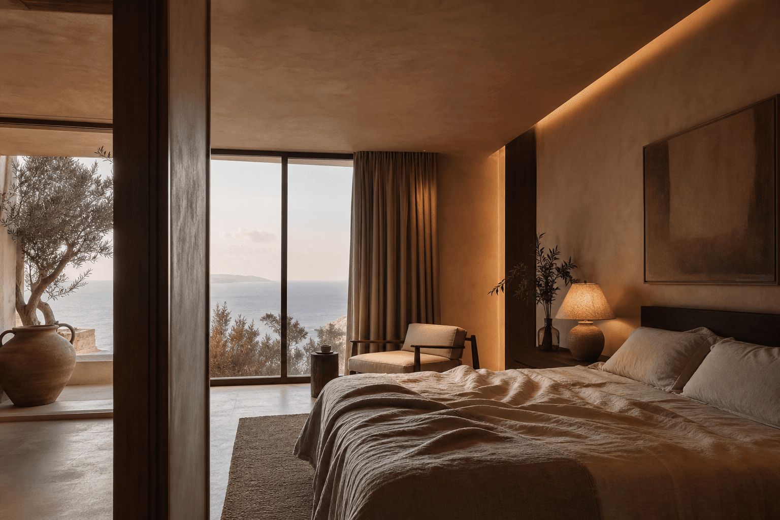 Luxury villa interior at dusk